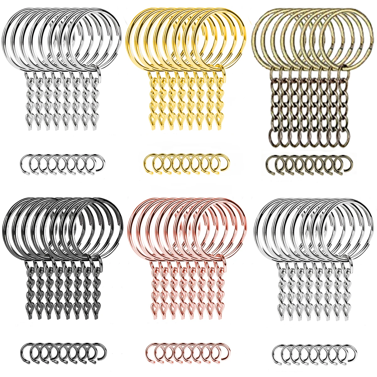 10/25/50 Sets of Key Rings with Chains and Open Jump Rings, 1inch Open Round Key Rings in Bulk Suitable for Crafts and Jewelry Making