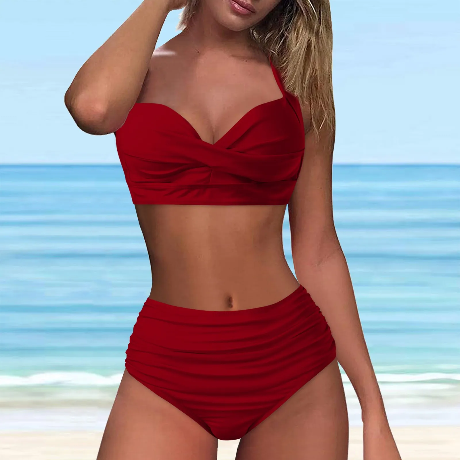 High Waist Bikini 2024 Woman Swimsuit Women Swimwear Bathing Suit Padded Push Up Ruched Swimsuit Women Bikini Set