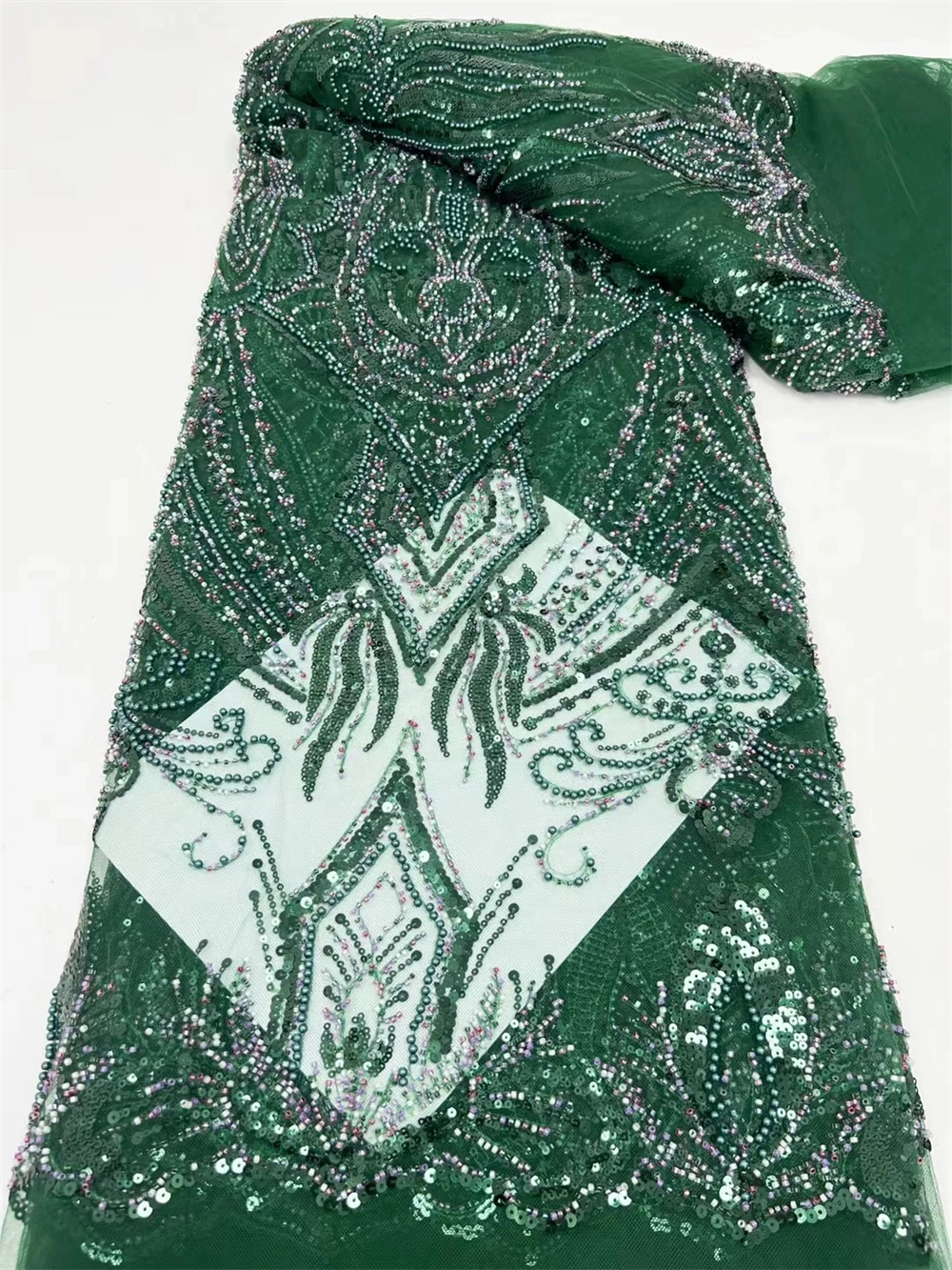 

Green African Heavy Beaded Lace Fabric 2024 High Quality Nigerian Sequin Lace French Tulle Fabric For Wedding Party Dress