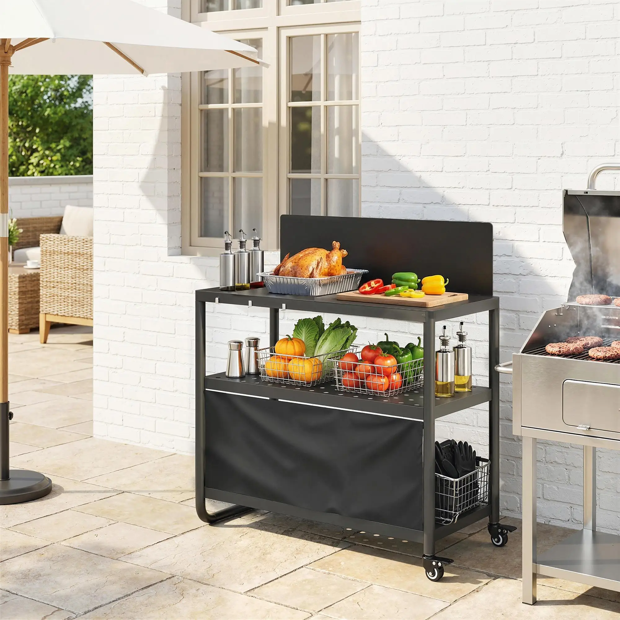 Carrito de barbacoa de 3 niveles con protección contra el viento, 100x46x110cm, acero negro para caravana y jardín