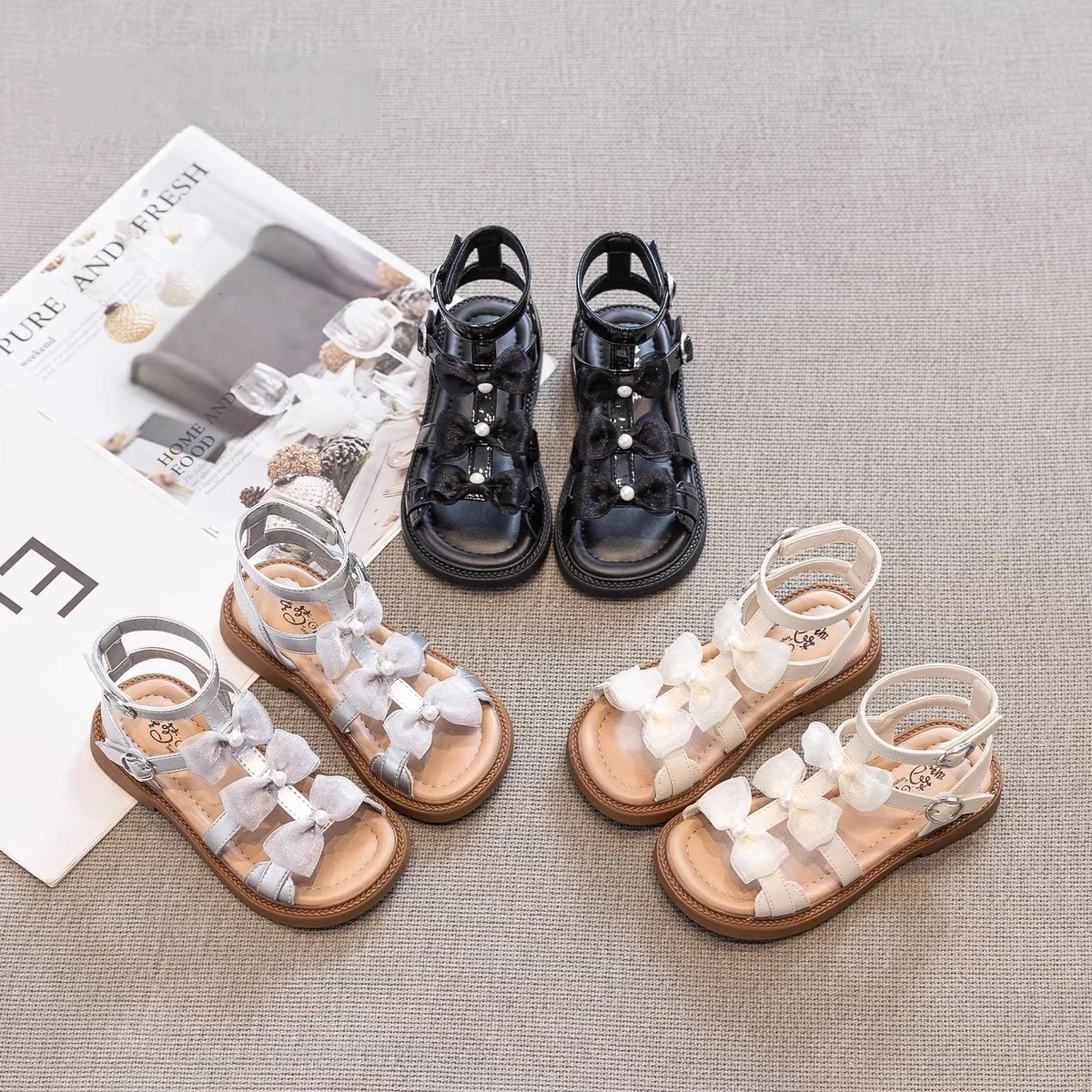 Kids Strappy Sandals for Girls 2025 New Summer Toddler Roman Shoes with Sweety Bow Non-slip Princess Elegant Girls Party Sandals
