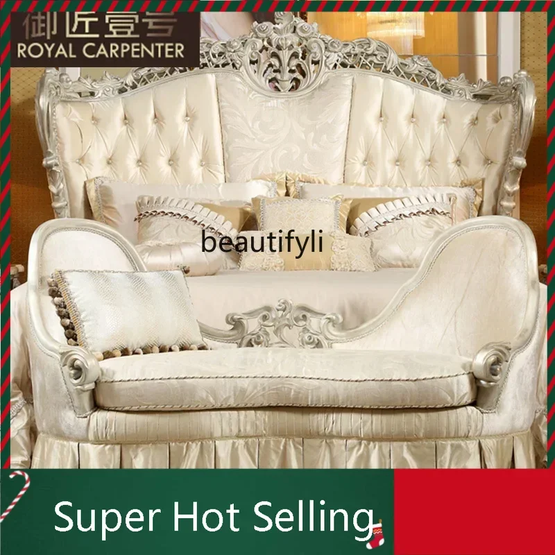 8071  European-style bedroom furniture, solid wood hand-carved luxury fabric chaise longue, bedside stool R