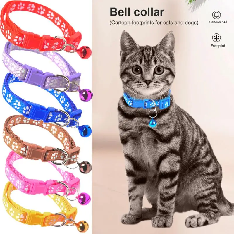 Pet Collar With Bell Cartoon Footprint Colorful Dog Collar Cat Kitten Adjustable Bell Ring Necklace Pet Accessories