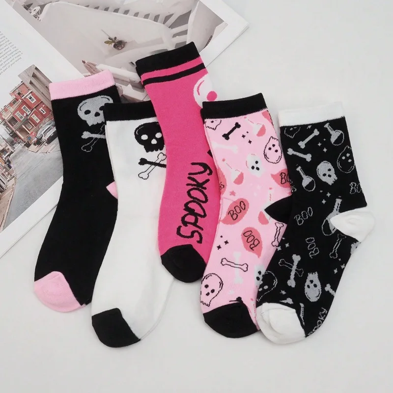 5 Pairs Halloween Funny Skull Crew Socks,Pink and Black Colorblock Crossbones Print Unisex Socks,Quirky Novelty Holiday Socks