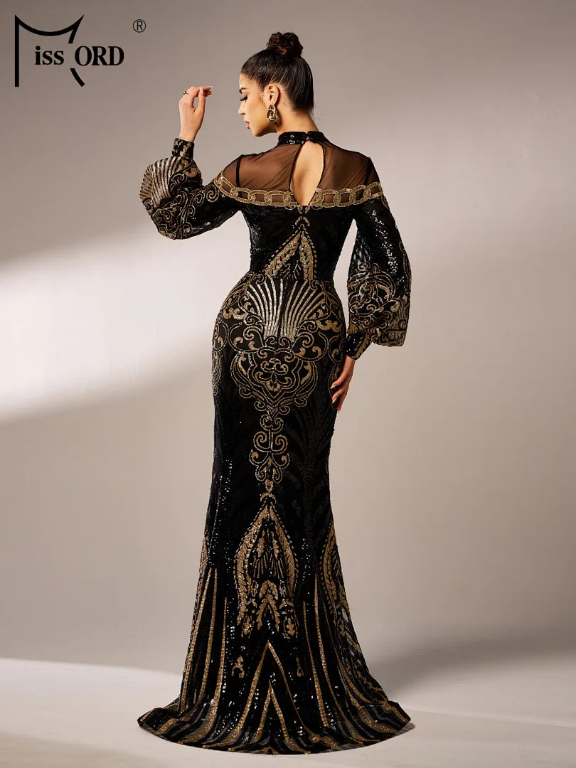 Missord Plus Size Round Neck Long Sleeve Sequin Mermaid Evening Gown Wedding Birthday Party Formal Occasion Floor Length Dresses