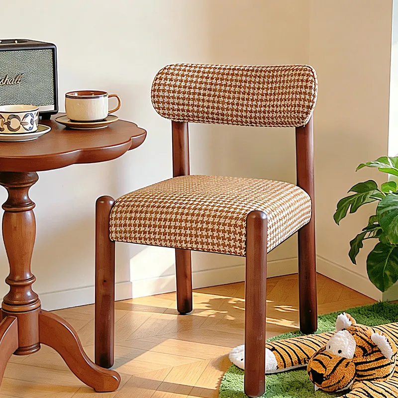 Retro Fabric Dining Chairs Solid Wood Upholstered Seat for Cafe Vintage Dining Room Furniture Home