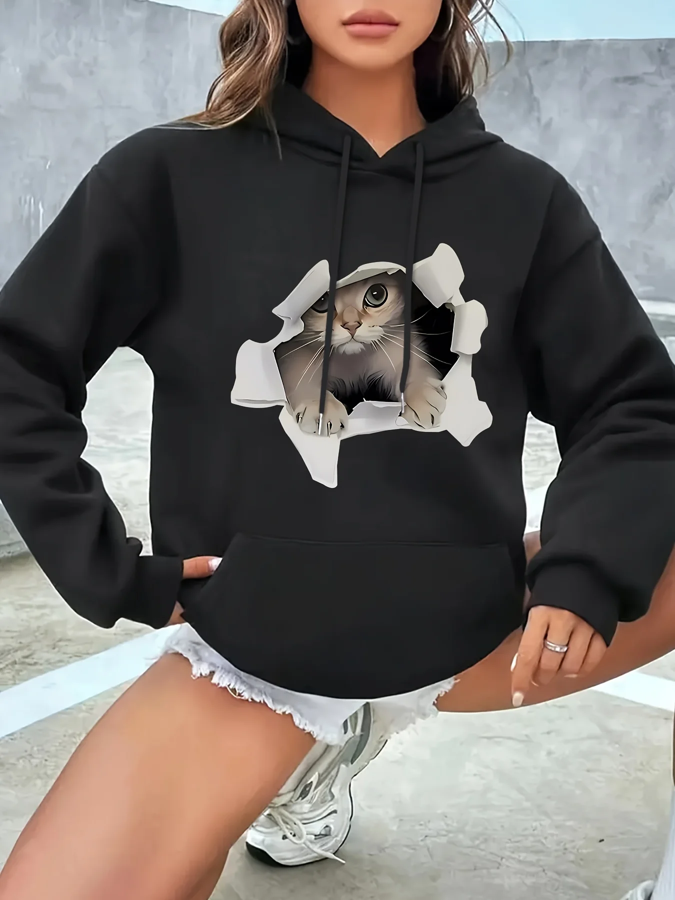 Women Cute Cat Pattern Print Hoodie Unisex Autumn Winter Fleece Oversized Hooded Everyday Outdoors Hoodie for Any Occasion