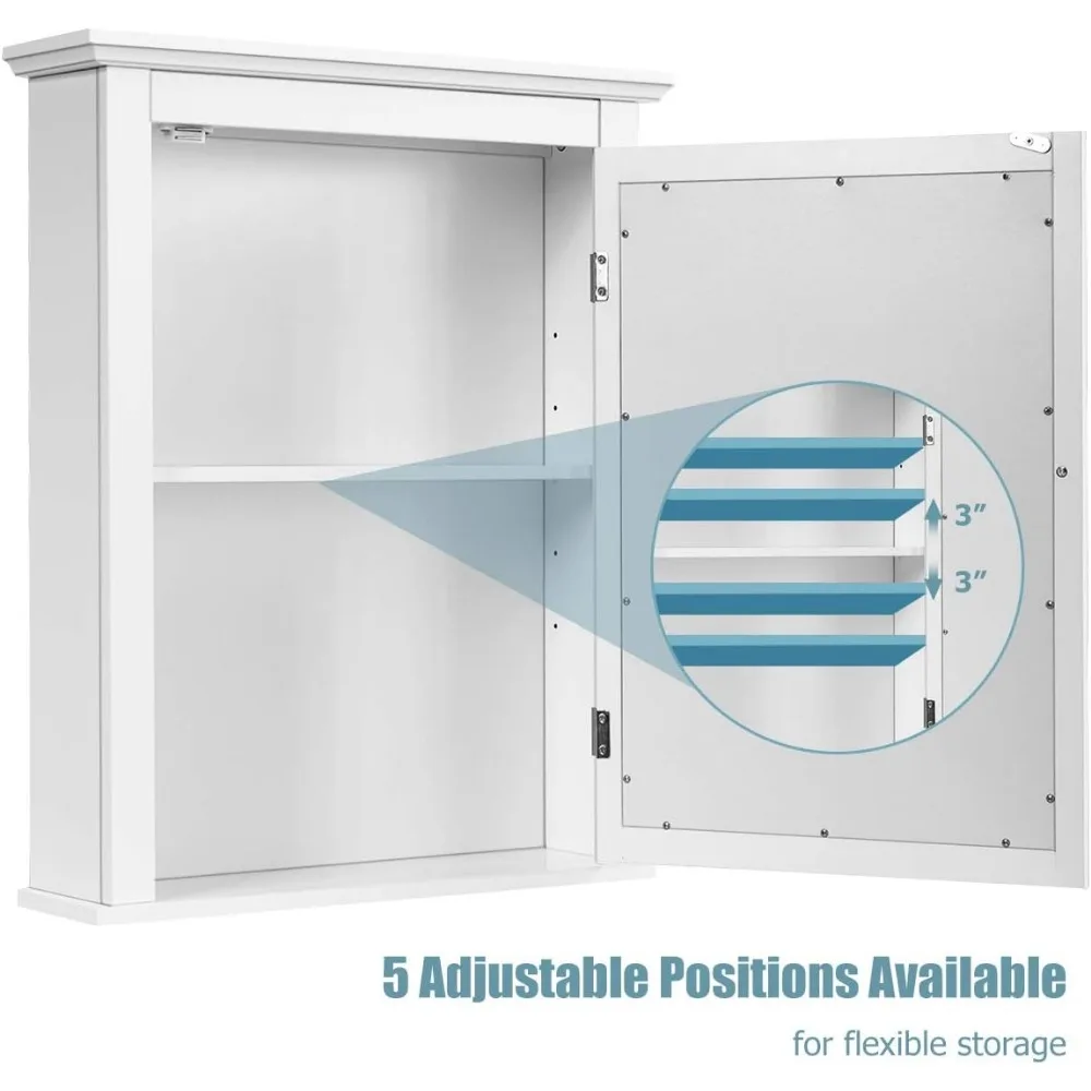 Armário espelhado de parede com armazenamento e prateleira ajustável para banheiro