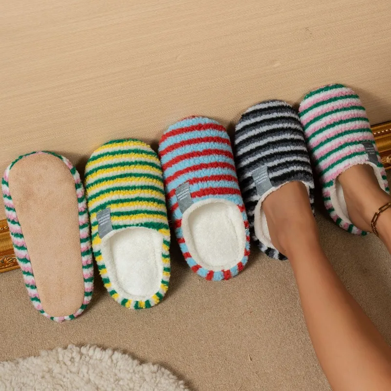 Couple Rainbow‑Stripe Cotton Slippers Non‑Slip Silent Warm Fluffy Cozy Indoor Floor Shoes Plush Home Slippers