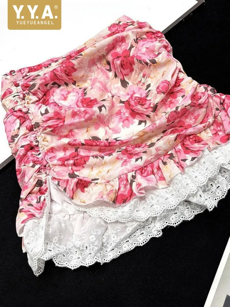 Summer Cool Sweet Female Retro Flowers Breathable Skirt Fashion Ladies Ruffle Lace Drop Waist Single-Breasted Short Skirts