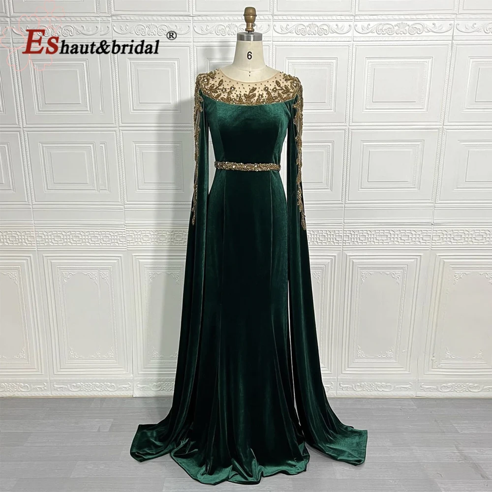 Elegante Emerald Green Mermaid Avond Nacht Jurk Voor Vrouwen 2022 Lange Mouwen O Hals Fluwelen Formele Bruiloft Prom Partij Jassen