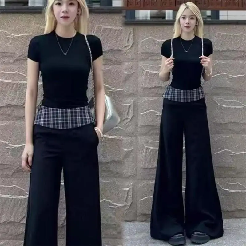 Women's Black Two Piece Set Beaded Strap Short Sleeve Top & Plaid Patchwork High Waist Flare Pants Casual Y2K Streetwear Outfit