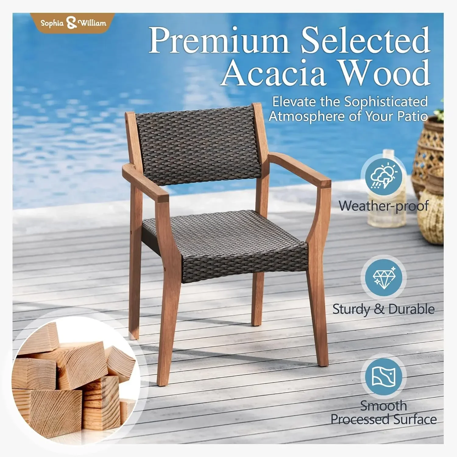Patio Dining Chair Set of 2, Outdoor Rattan Wicker Dining Chairs with Sturdy Acacia Wood Frame,Weather Resistant Accent Chairs f