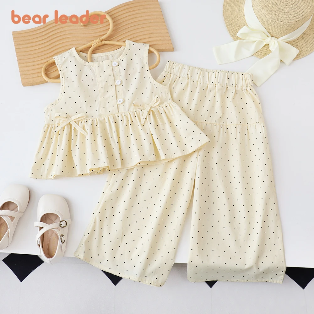 Bear Leader Baby Girl\'s Casual Clothing Round Neck Sleeveless Polka Dot Top+Wide Leg Pants Set with Bow and Botton 2PCS Set