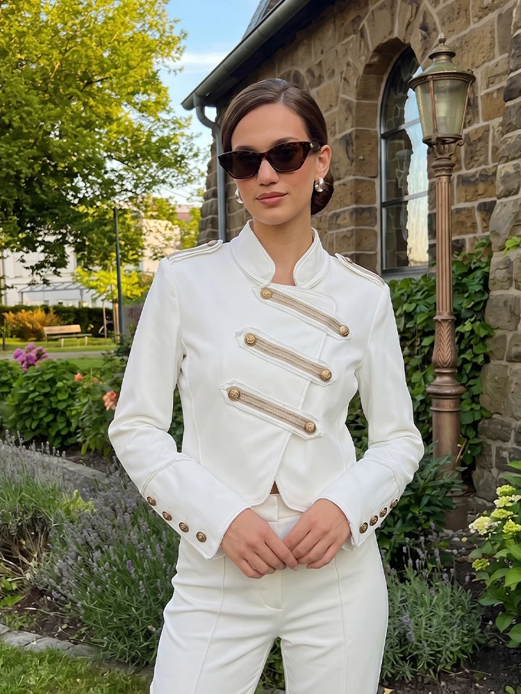 HH Y2K Military Cropped Jacket Women's Gold Button Stand Collar Outerwear Spring Fall Going Out Elegant Casual Business Wear