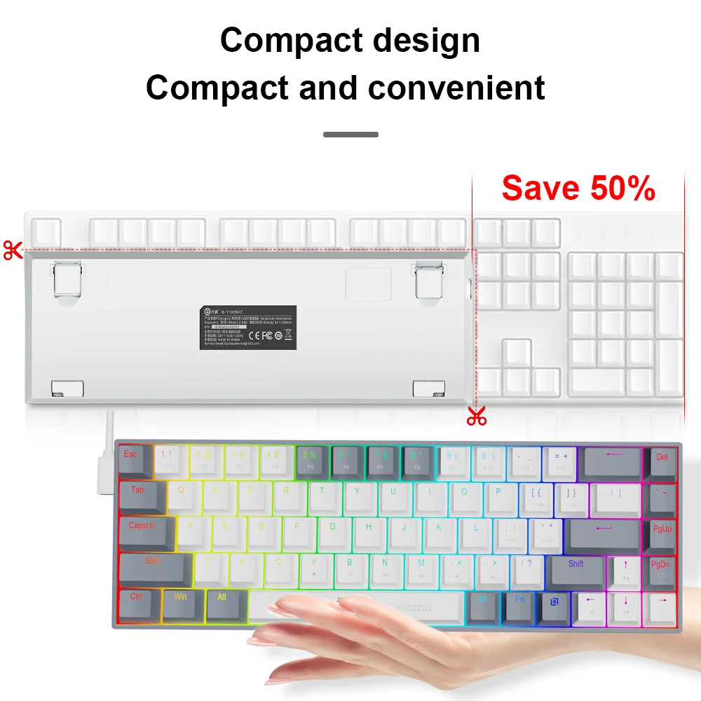 E-YOOSO Z686 RGB USB 60% Mini slim gry mechaniczne przewodowa klawiatura czerwony przełącznik 68 klawiszy Gamer do komputera komputerowego Laptop