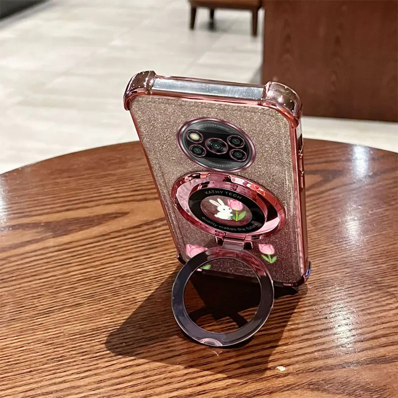 เคสโทรศัพท์มือถือ Xiaomi Mi Poco X3 Nfc GT M3 Pro X5 F3 F4 X6 M6 พร้อมสายคล้องมุก ประดับกลิตเตอร์ ลายกระต่ายน่ารัก พร้อมขาตั้ง