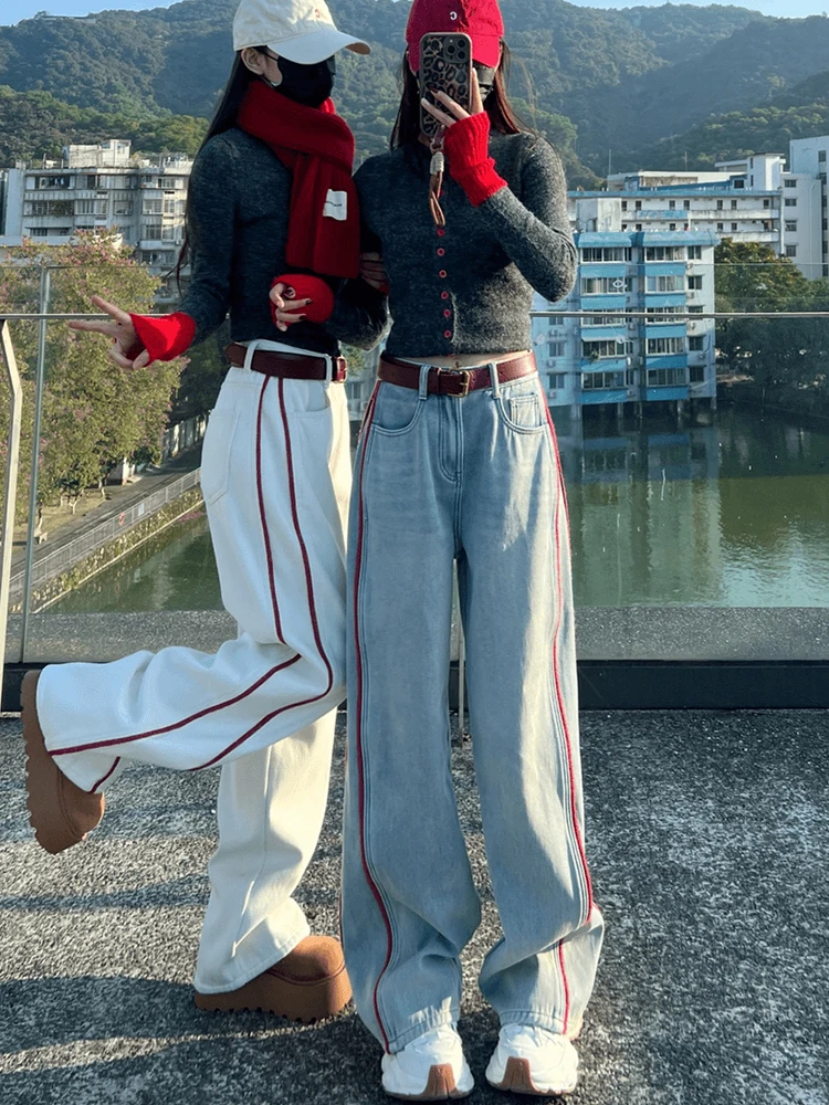 

American Style High Waist Wide Leg Blue Jeans Women's Loose Fit Autumn Winter Design Sense Long Pants Slimming Effect