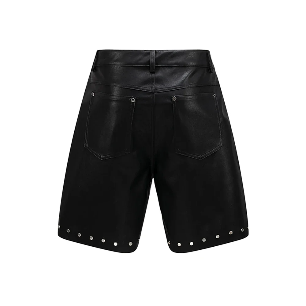 Vintage Rhineston Pockets Black Summer Pu Leather Shorts for Men and Women Wide Leg Streetwear Five Point Pants Oversized