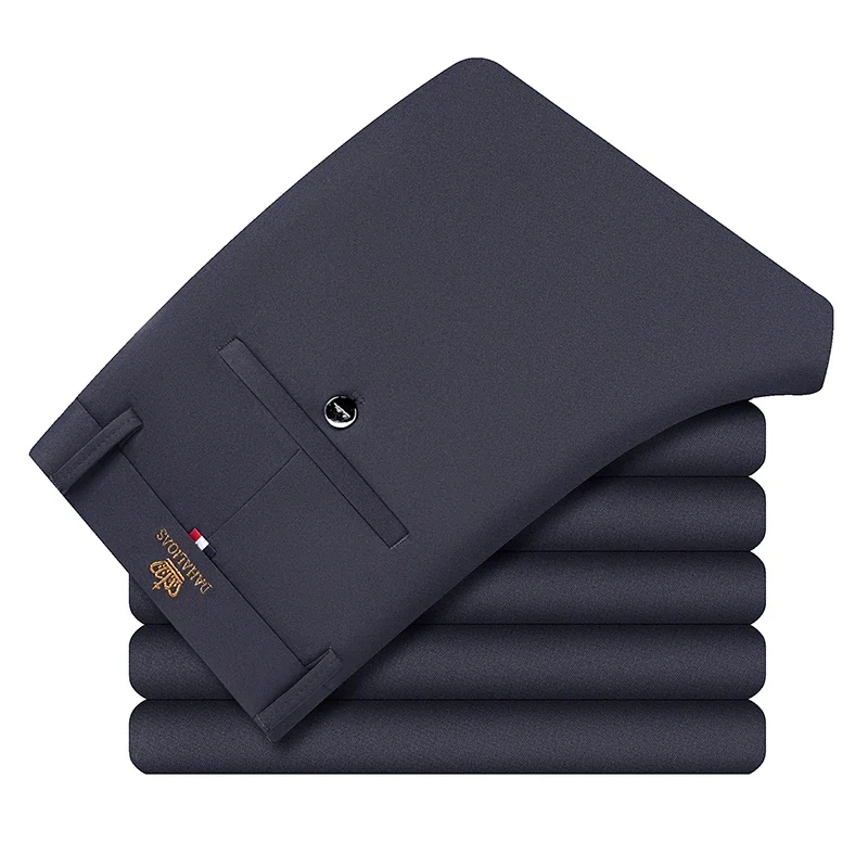 Wrinkle Free Male Commuting Long Pants High Elasticity Fabric Decorated Waist Single Back Pocket Daily Office Wear Slacks