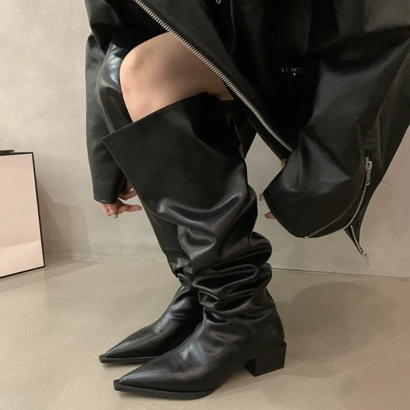 

Women Over the Knee Mid Heels Boots Autumn Winter Pointed Toe Stretch Soft Leather Chelsea Boots Fashion Sexy Walking Goth Boots