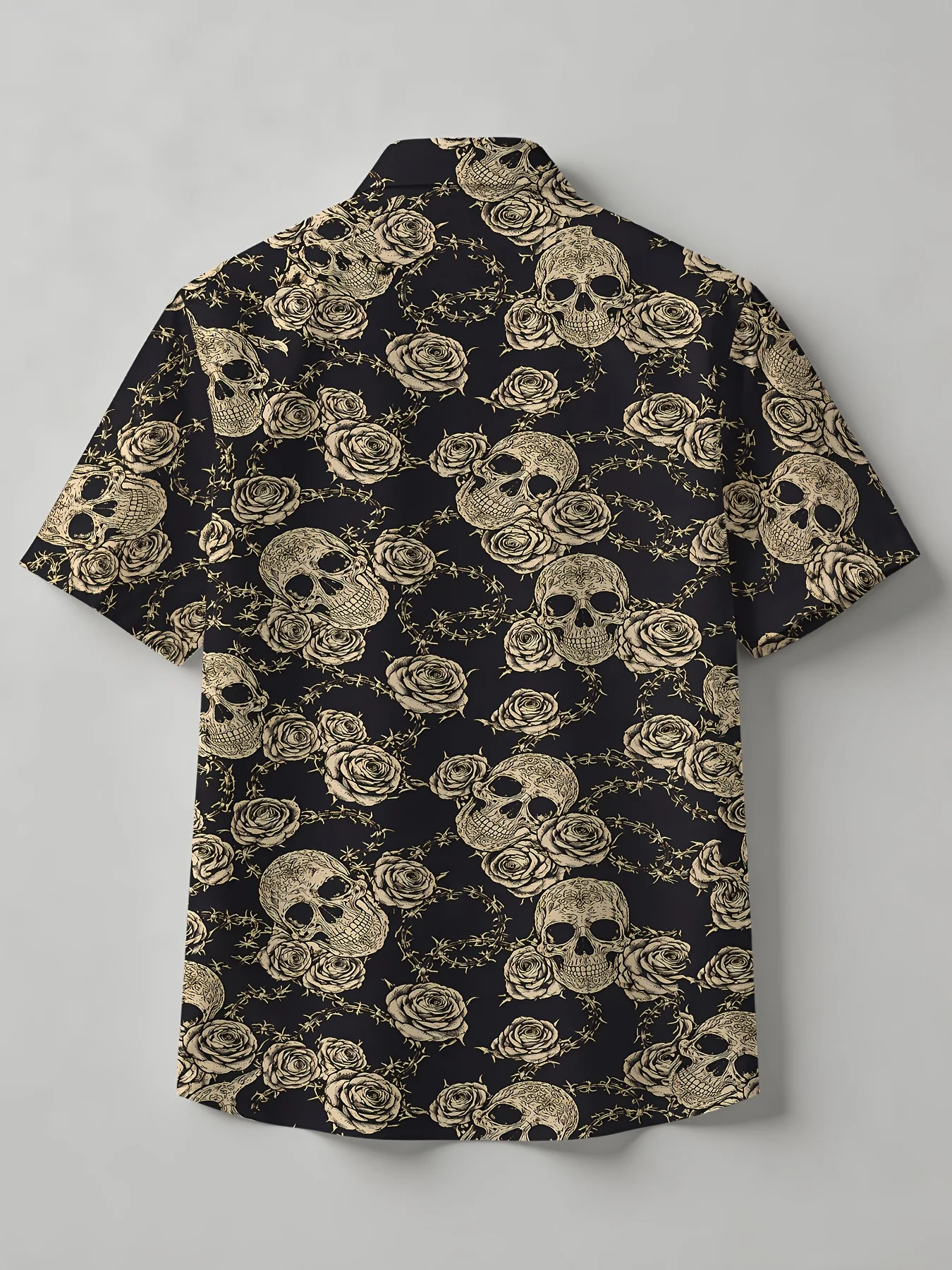 Men Short Sleeve Shirt Black Golden Skull Rose Floral Print Turn‑Down Collar Hawaiian Casual Street Tops