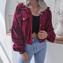 Fashion Women Corduroy Lantern Long Sleeves Lapel BF Style Jacket Fall Winter Elegant Solid Color New Loose Casual Short Jackets
