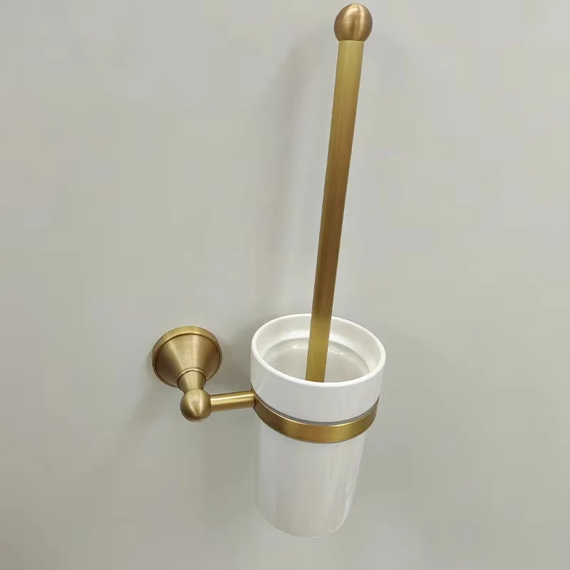 Hardware Retro Bathroom Pendant, White Ceramic Cup, Brass Handle, Toilet Brush Rack, Suitable for Bathroom Decoration