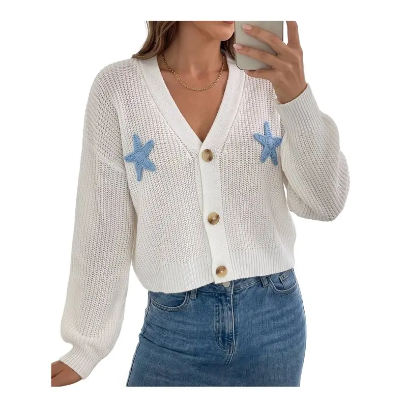 CYL-Women's V Neck Cropped Knit Cardigan Handmade Star Patches Button Down Loose Sweater Coat