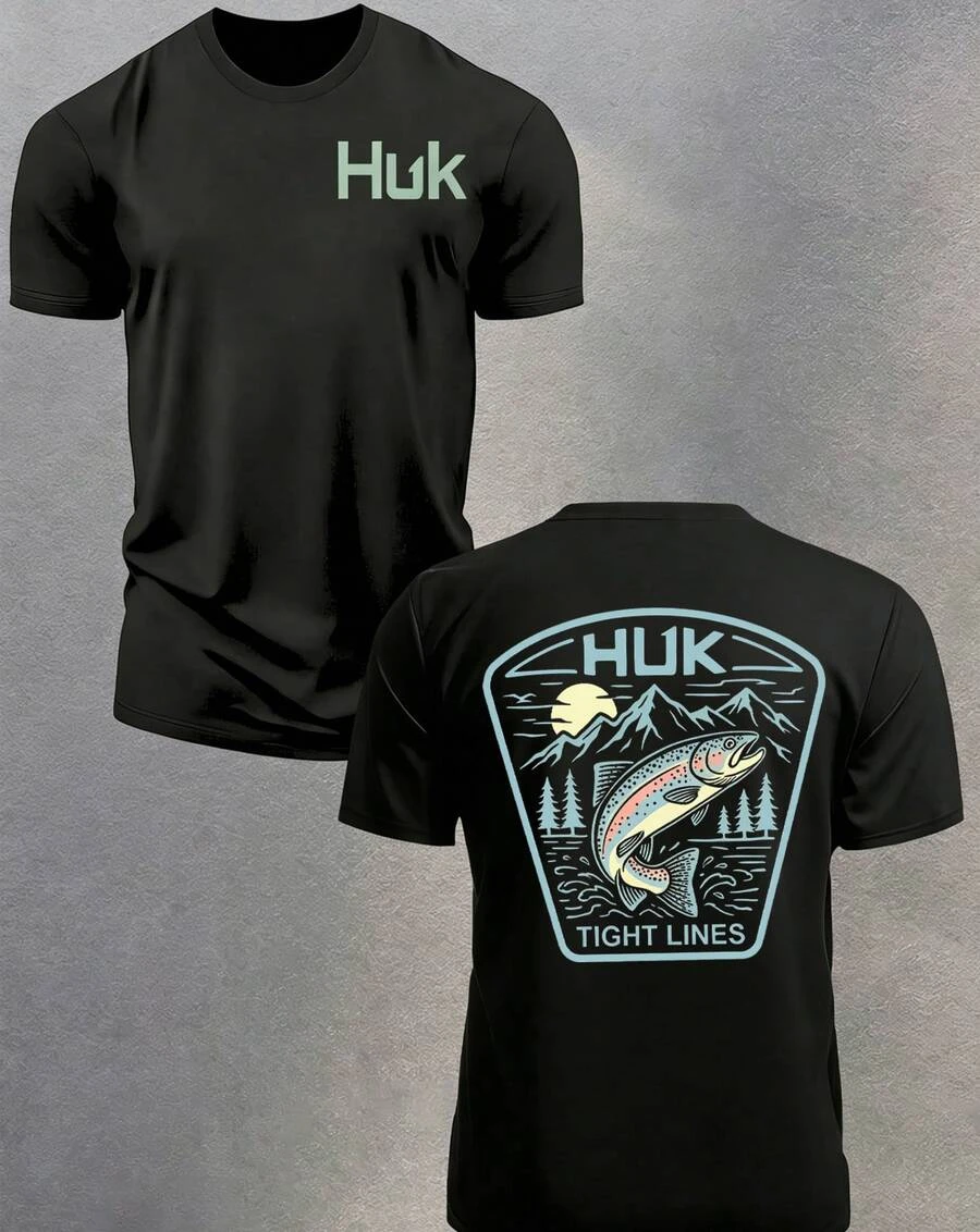 2026 New Outdoor Fishing Graphic Tee Mens Short Sleeve Back Bass Fish Shield Huk Gone Fishing Casual Top