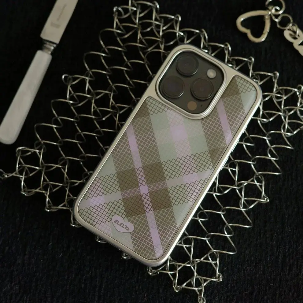 Korean Ins Grid Stripe Green Brown  Advanced Phone Case For Samsung Galaxy S23 S24 S25 S26 FE Plus Ultra Edge Sweet Y2K Cover