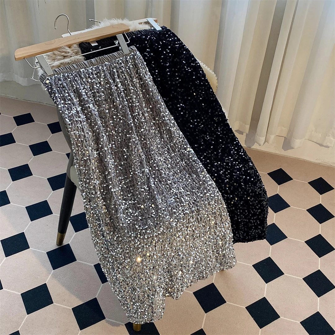 Heavy Industry Shiny Velvet Sequins Skirt Atmosphere New Elastic Waist Slim fit Straight Skirt Back Slit Long Skirt