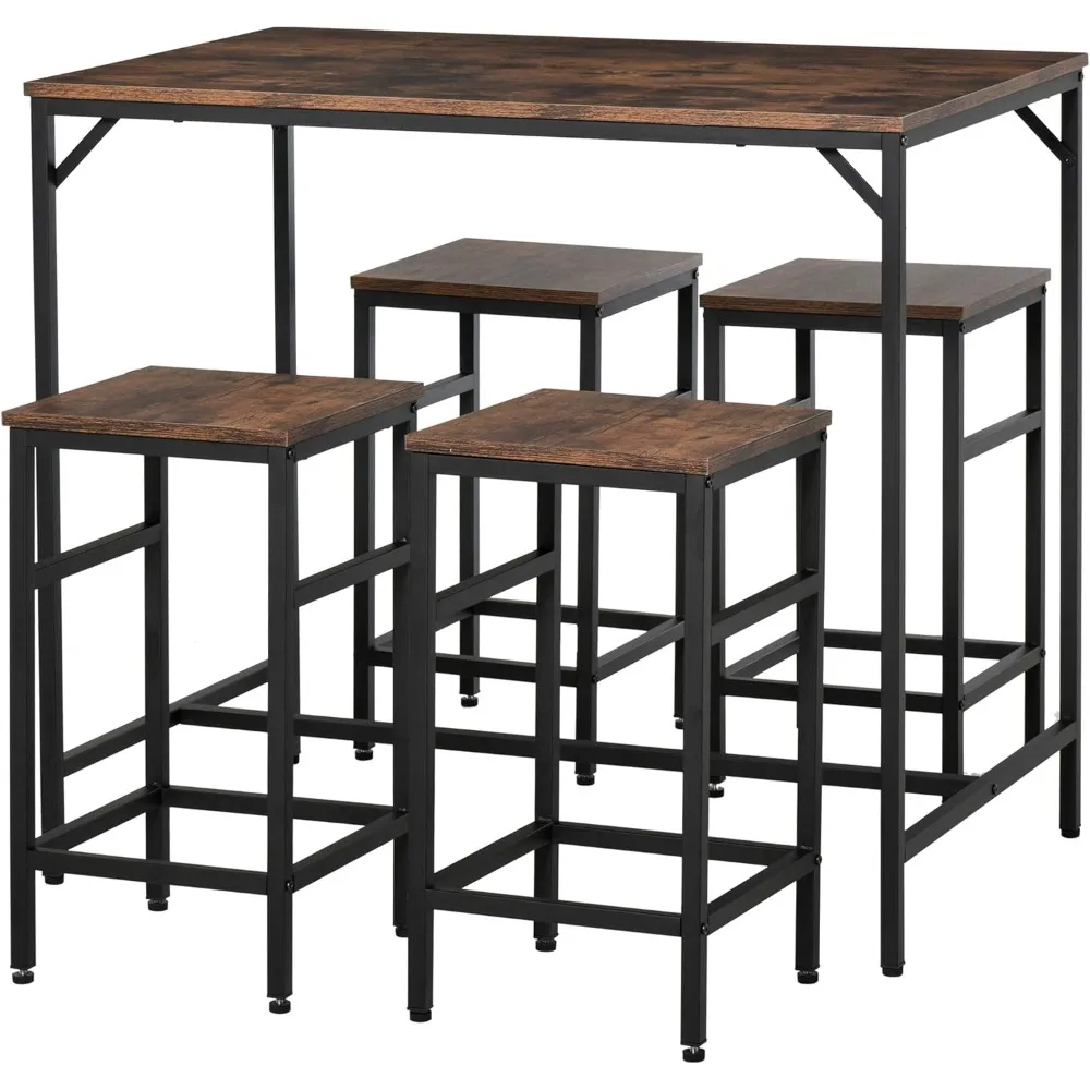 

5-Piece Industrial Dining Table Set, Bar Table & 4 Stools Set, Space Saving for Pub & Kitchen, Black/Brown