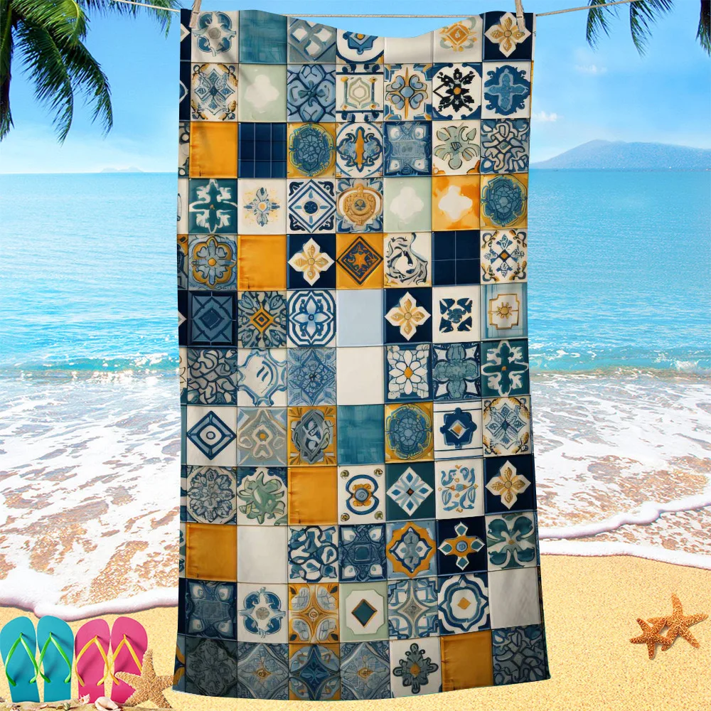 Geometric Grid Series digital-printed polyester Superfine fiber double-sided fleece Beach vacation bath towel, beach towel