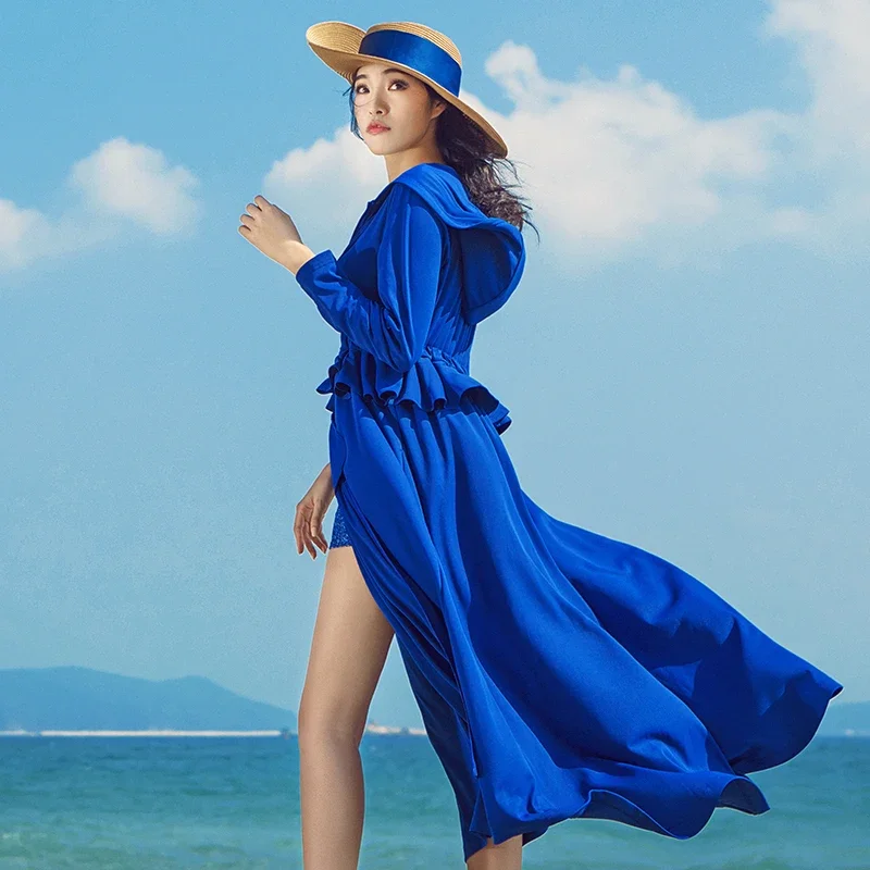 OhSunny Summer Fashion Sunscreen Sun Protection Long Coat Hooded Washable Ruffles Adjustable Waist Beach Anti-UV Dress For Women