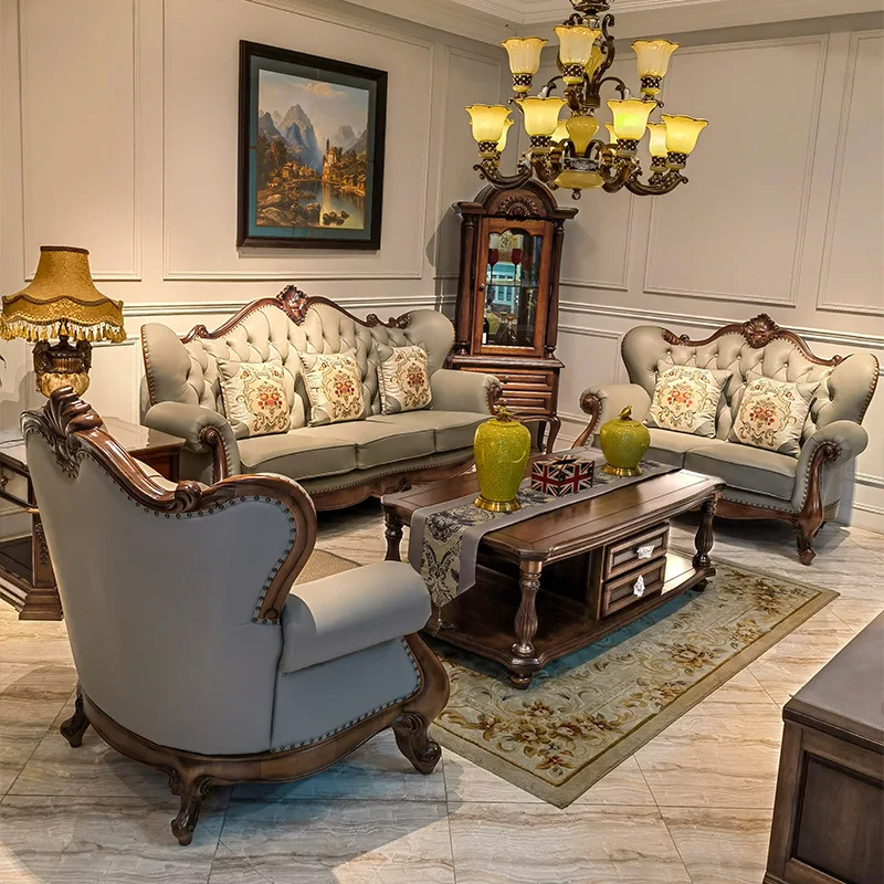 American black walnut sofa solid wood carving flower U-shaped leather combination furniture hall log leather sofa