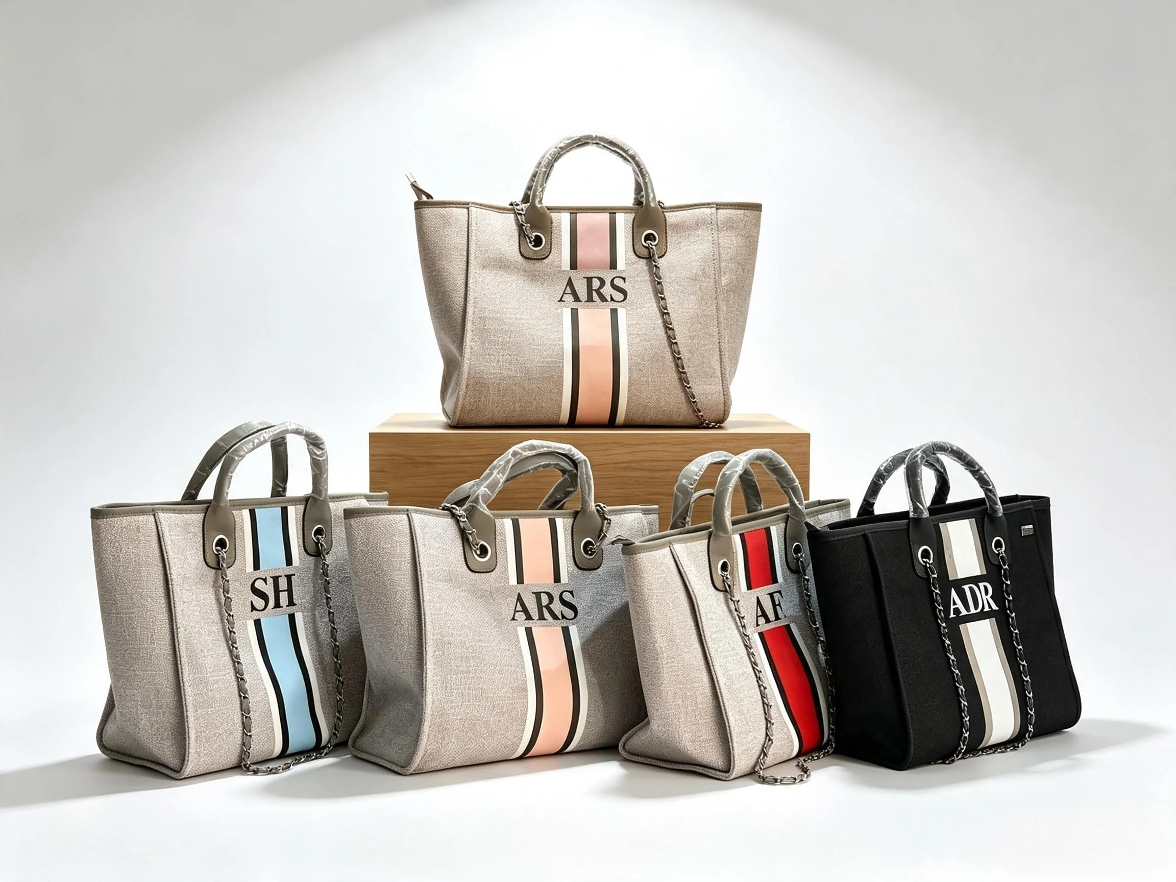 Personalized Custom Monogram Canvas Tote Bag, Women Chain Strap Top Handle Handbag, Large Capacity Travel Maternity Nappy Diaper
