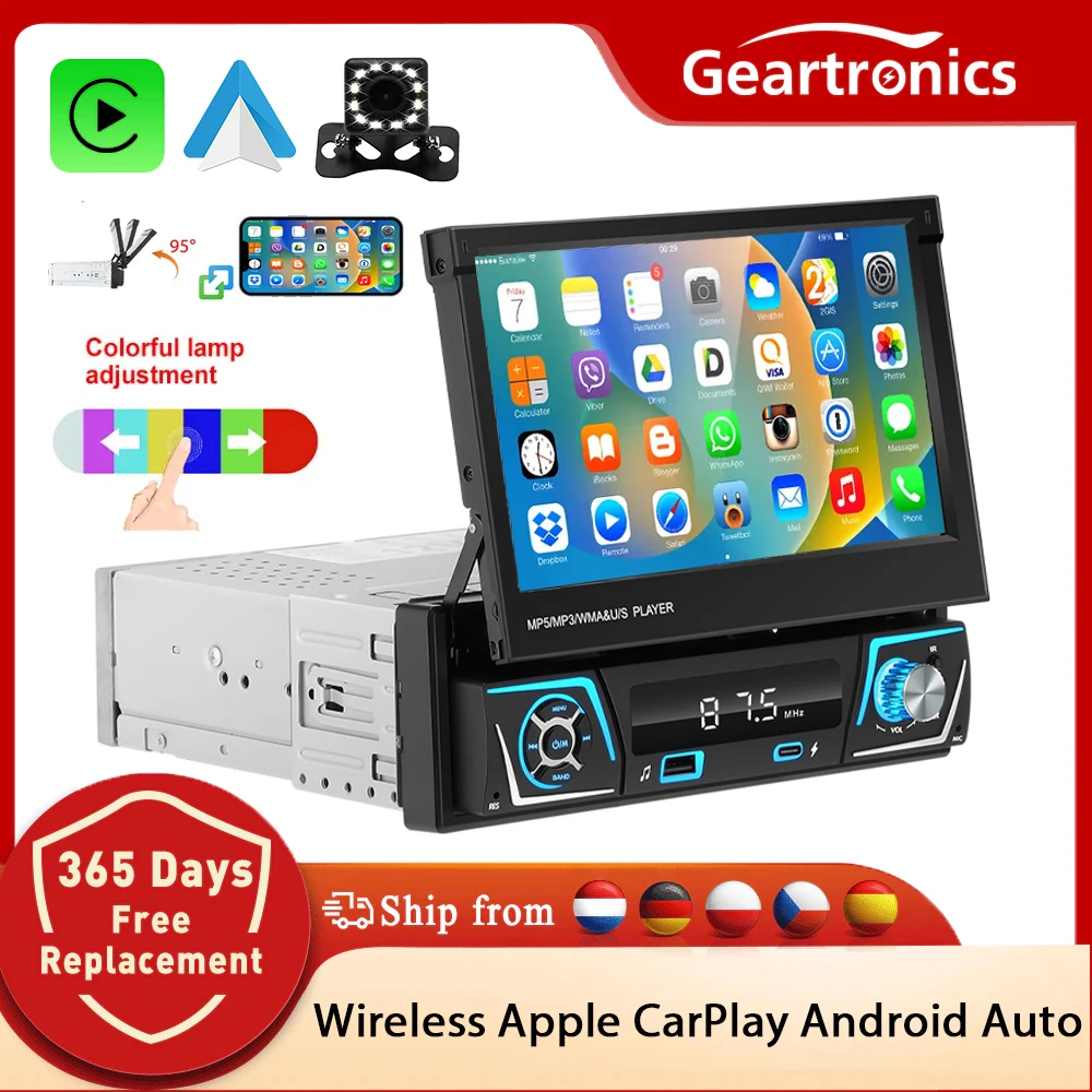 GEARELEC 2 Din Car Stereo Radio 7'' CarPlay Android Auto Bluetooth RDS AM FM TF/USB Rear View Camera EQ Radio Multimedia Player