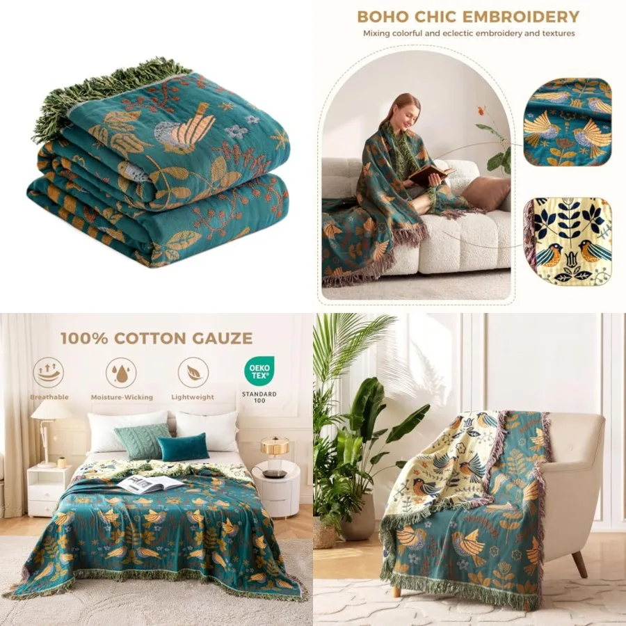 

Boho Throw Blanket for Bed 100 Cotton Soft Quilt Summer Lightweight Blanket Bird Floral Embroidery Room Decor Twin Bed Blankets