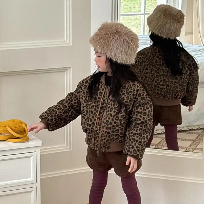 

2025 Winter New Children Warm Leopard Print Coat Plus Velvet Thick Boys Cotton Padded Jacket Kids Girls Casual Zipper Jacket