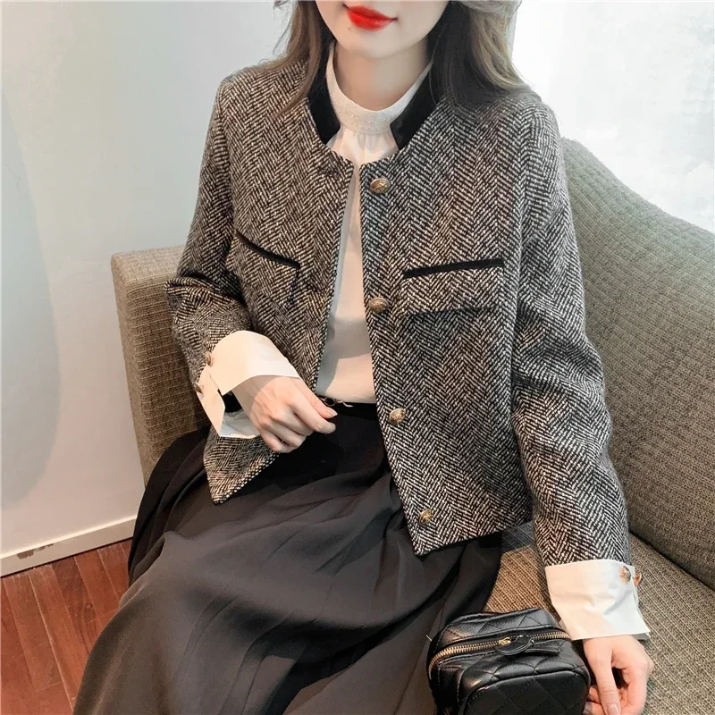 

Куртки для женщин, клетчатое пальто с металлическими пуговицами, винтажные укороченные топы, короткая верхняя одежда, Mujer, утепленное твидовое корейское шикарное темпераментное пальто