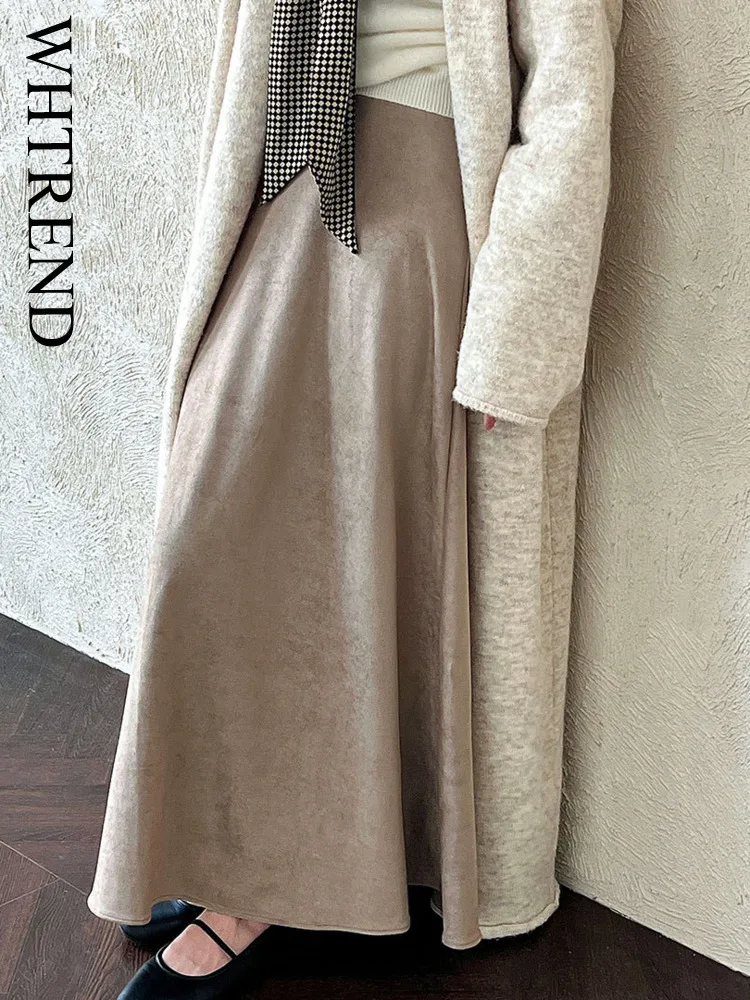 

WHTREND Velvet Draped High Waist Midi Skirt For Women, Autumn New High-end Versatile A-line Skirts WH1831