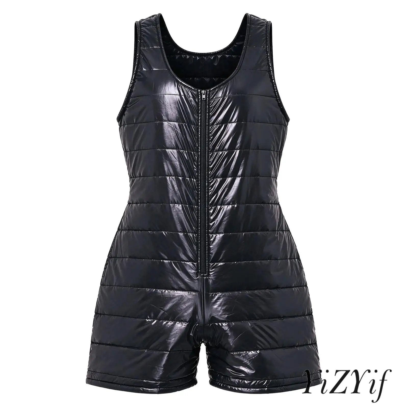 New Men Padded Bodysuit Water Resistant Sleeveless U Neck Zipper Front Thigh Length Jumpsuit for Rave Party Music Festival