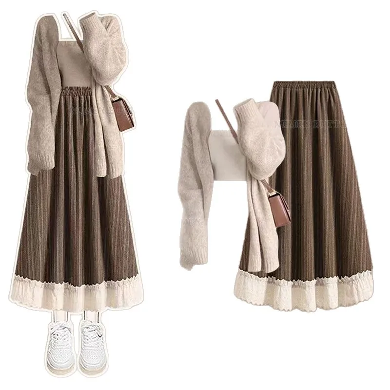 Autumn Western-style Suit Women's Age Reducing Knitted Cardigan with Camisole and Patchwork Retro Skirt Three Piece Setdress Set