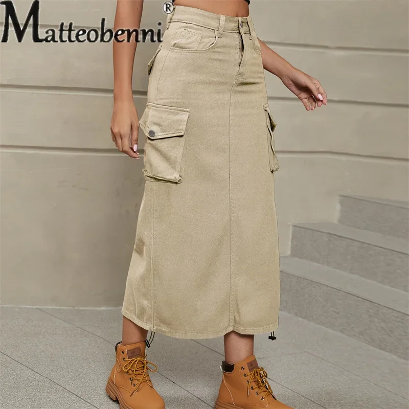 2023 Vintage Draw Pleat Half-body Dress Women Casual Trend Pocket Splicing Button Denim Overalls Skirt Female Clothes Streetwear