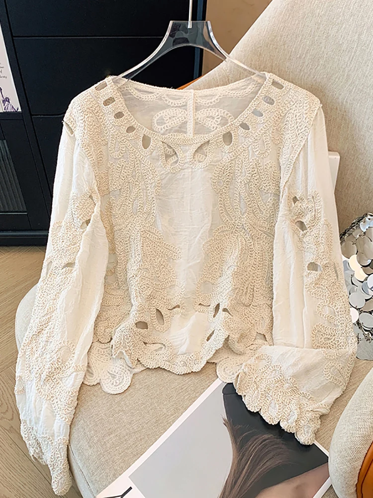 Ele Long Sve مطرز بالدانتيل irt المرأة فضفاضة عادية Sle ربيع الخريف جديد الحلو Sle تنفس البوليستر irt