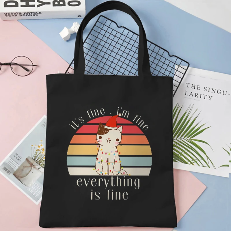 I\'m Fine Everything Is Fine Canvas Bag for Women Shopper Funny Christmas Lights Cat Handbags Torba na ramię wielokrotnego użytku