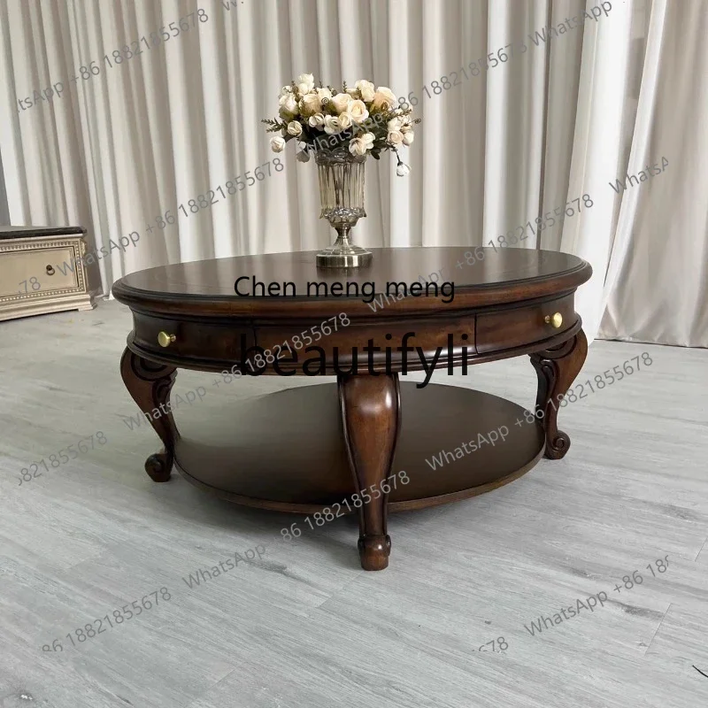 

G Home living room coffee table French retro solid wood carving round storage coffee table