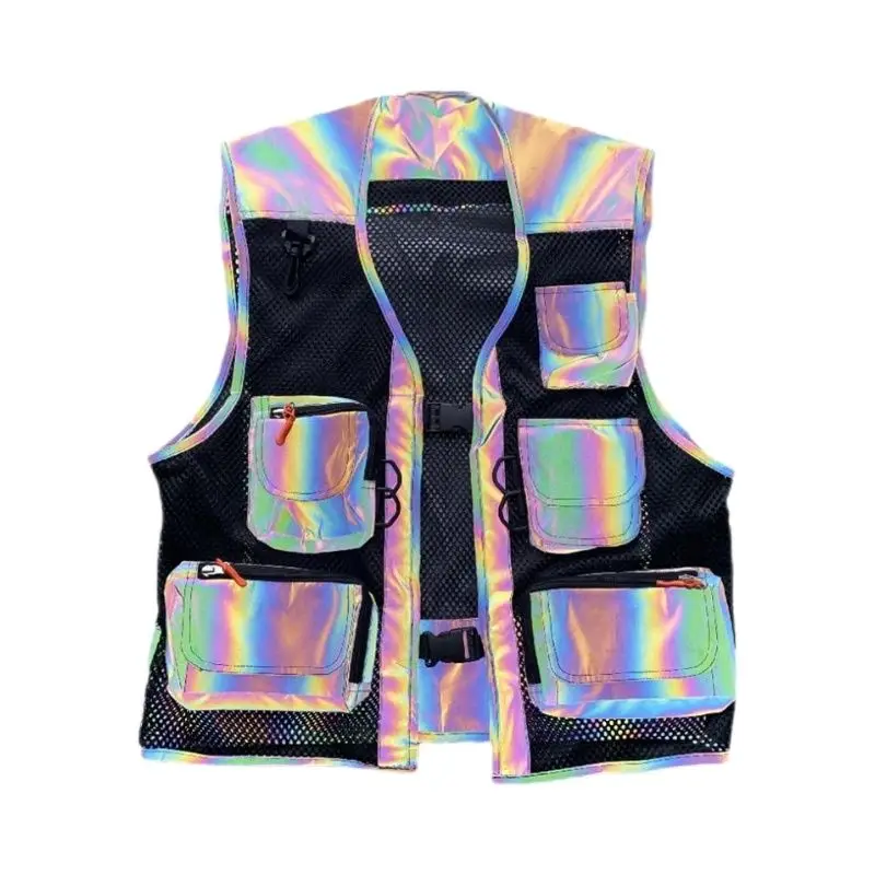 

New 2025 Colorful reflective waistcoat multi pockets sleeveless jacket men multifunction vintage photographer fishing mesh vest