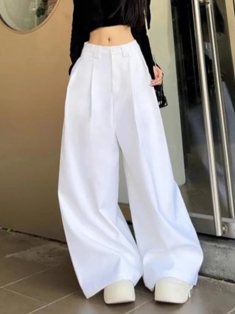 Zoki Chic สีขาวชุดกางเกงขากว้างผู้หญิงเกาหลีสูงเอวกางเกงแฟชั่นหลวมสบายๆฤดูร้อนหญิงกางเกงใหม่
